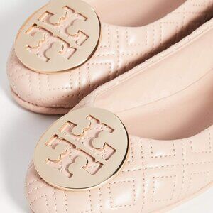 Tory Burch Quilted Minnie Ballet Travel Flats Goan Sand Gold 7.5 NEW